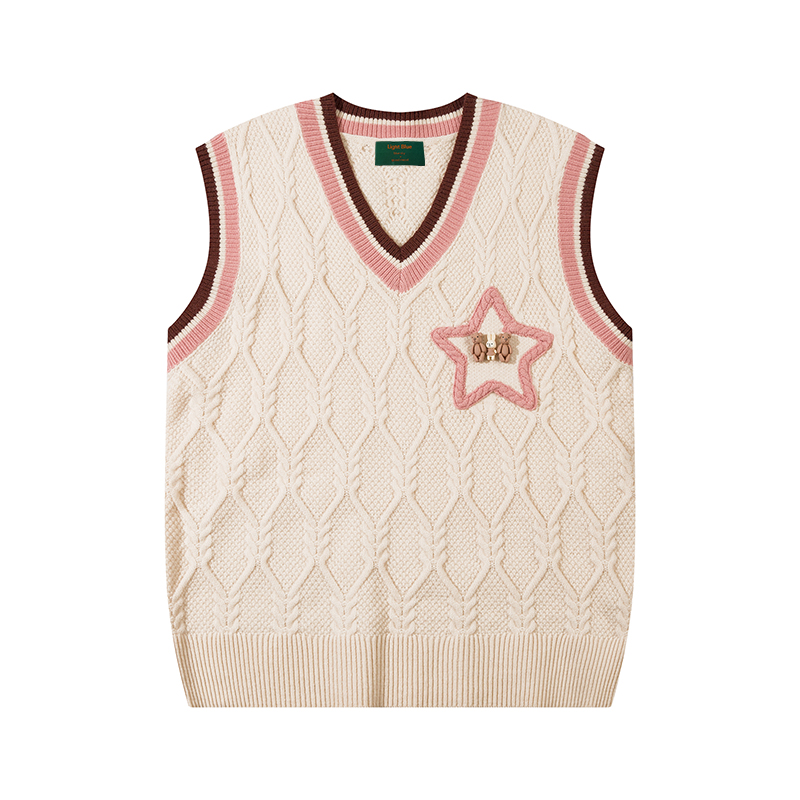 American retro college style knitted vest for women autumn star embroidered couple vest loose v-neck sleeveless sweater