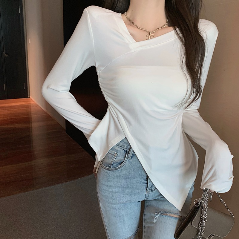 Pure Desire Hot Girl Irregular Drawstring Long Sleeve T-Shirt Women's Design Niche Slim Bottoming Shirt with Chic Top