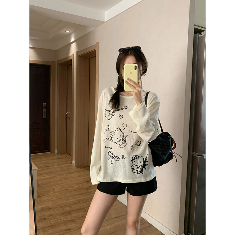 Morning collar [original fabric] slanted shoulder early autumn lazy cartoon print thin long-sleeved T-shirt women's loose top