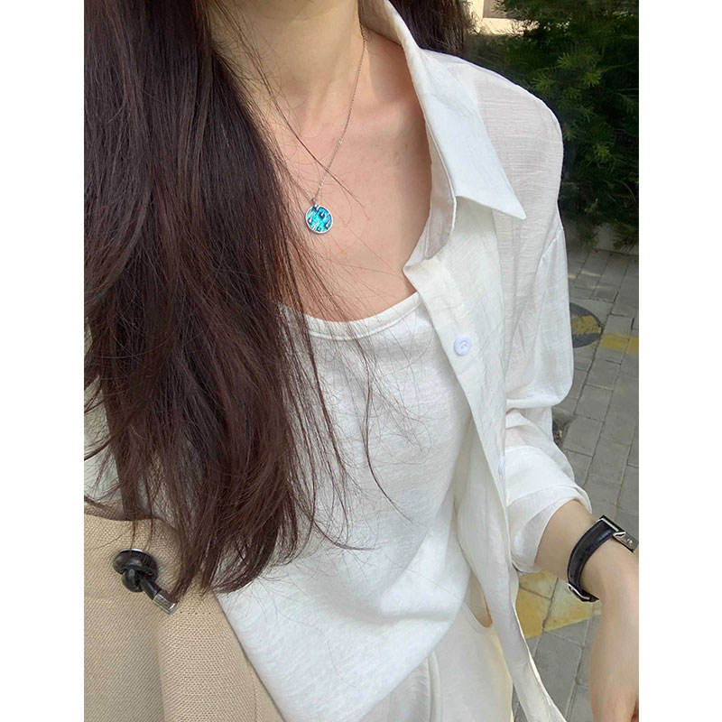 [Original quality] White long-sleeved shirt for women Korean slightly see-through sun protection cardigan layered loose casual shirt jacket