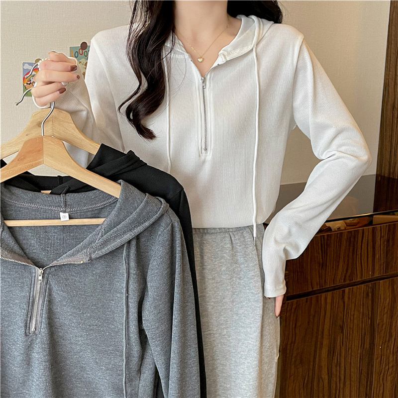 [Real shot] [3 colors] Spring and Autumn hooded outer T-shirt for women with fat pear-shaped hotties, western style niche zipper long-sleeved tops