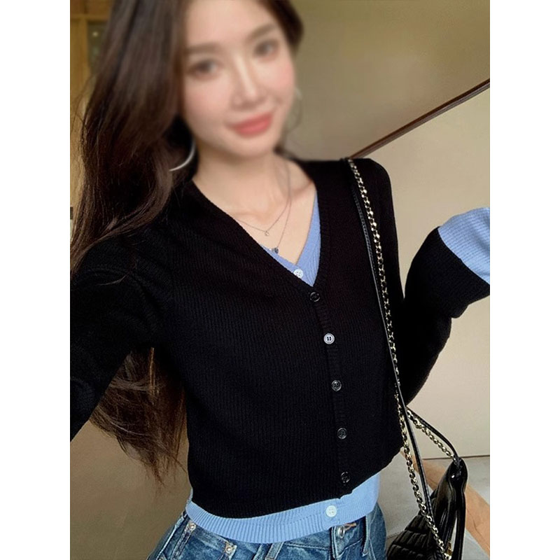 Morning collar [original quality] early autumn fake two-piece short long-sleeved T-shirt cardigan top for women with niche design and slim fit