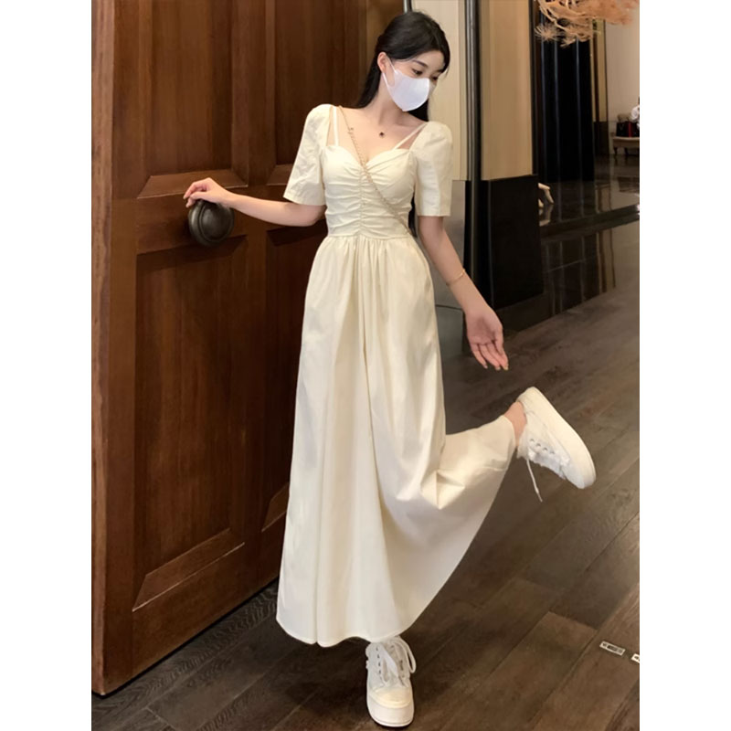 [Good fabric] Light and mature style short-sleeved dress for women with summer slimming and pure desire French V-neck waist long dress