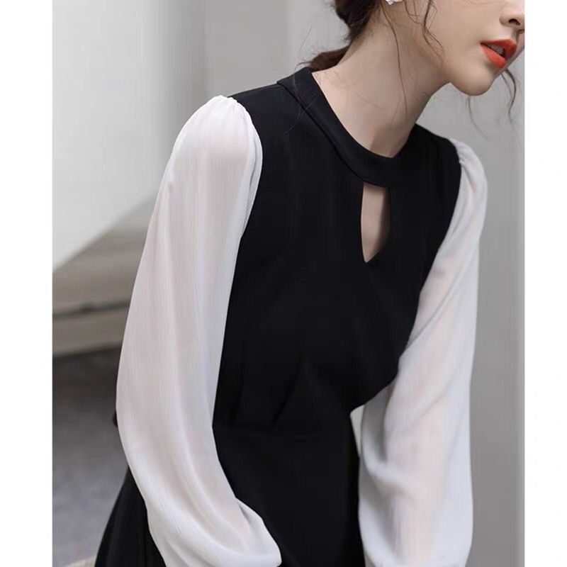 Hepburn style long-sleeved dress new spring waist slimming little black skirt women's fashionable and mature mid-length style