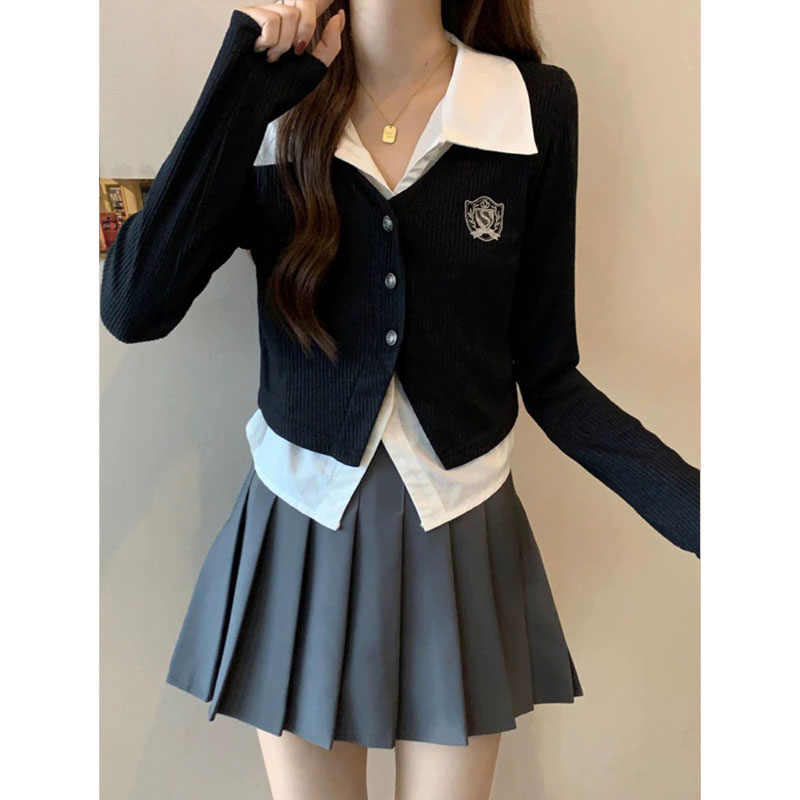 Fake two-piece college style Polo collar shirt top autumn new gray pleated skirt suit two-piece set for women