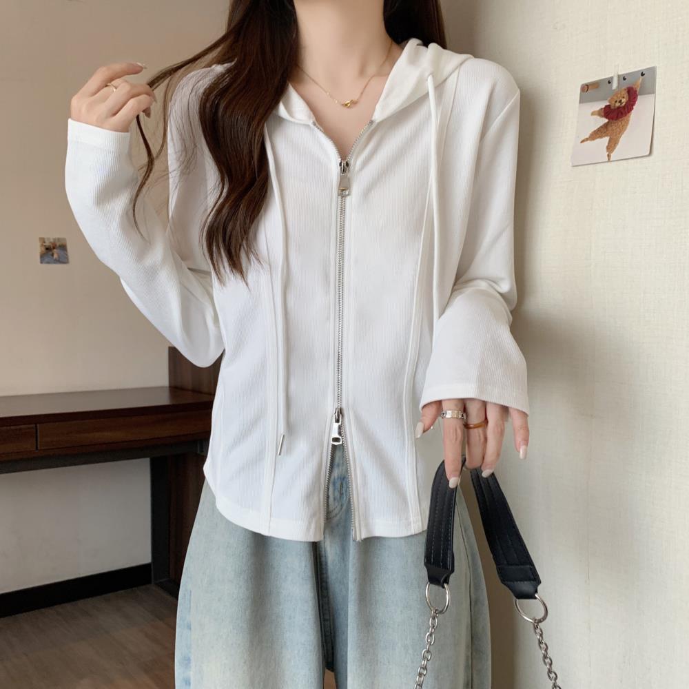 Hooded zipper sweatshirt jacket for women in autumn plus size fat mm slimming design niche inner layering fishbone top