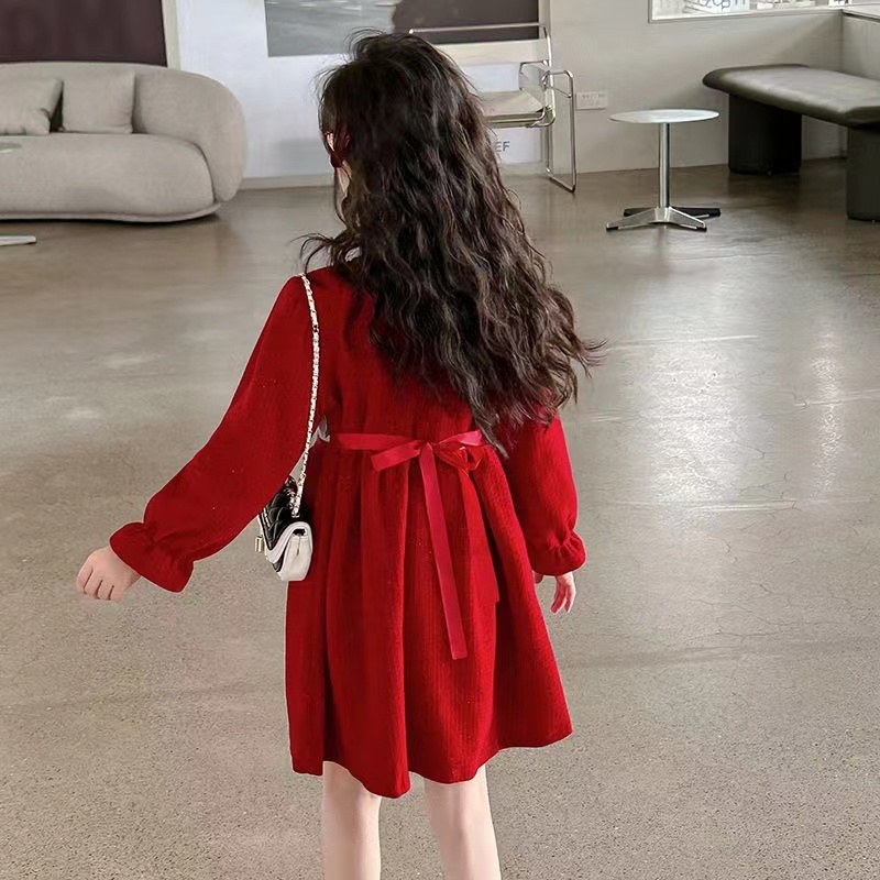 2024龙年红色时尚女童加绒连衣裙新款复古新中式设计感公主裙 