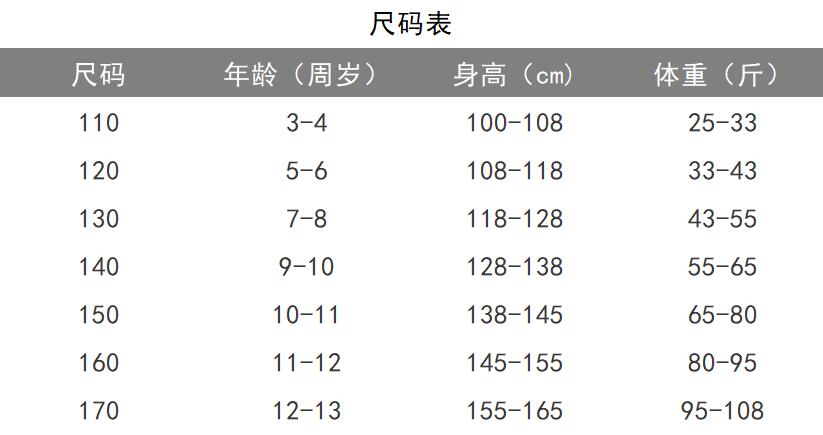 大童的170尺码对照表图片