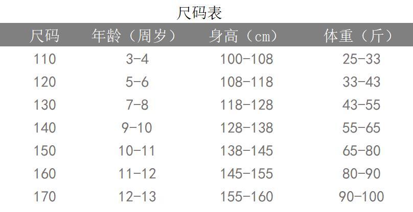 童装外套尺码表图片