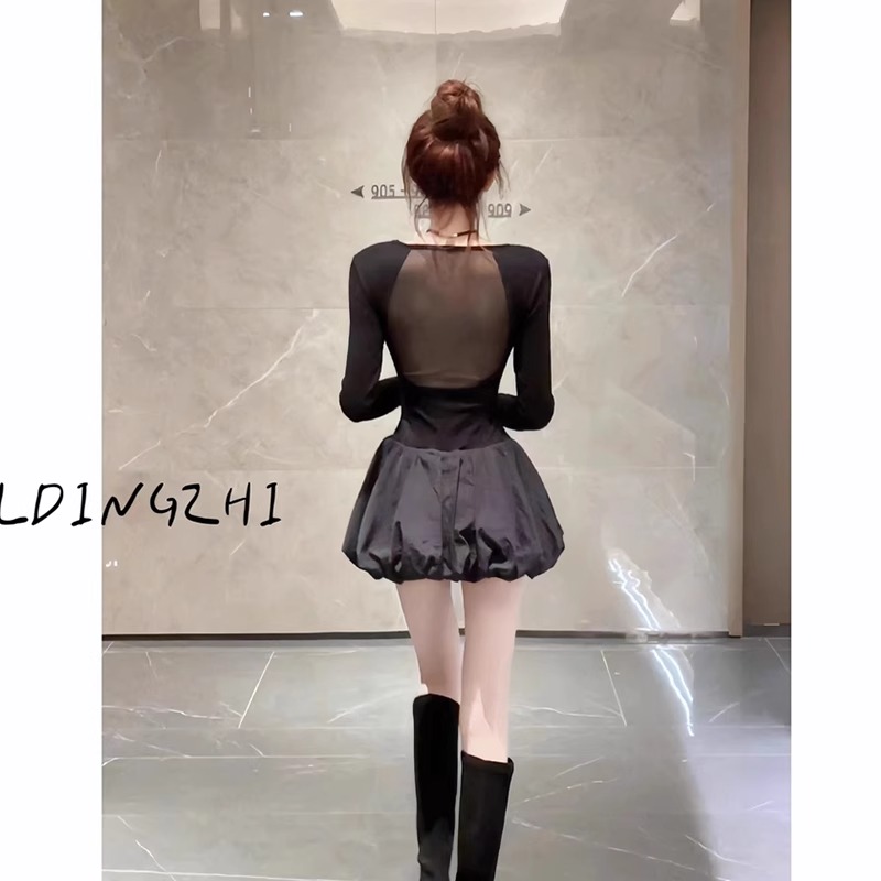 Black sexy slim dress with waist French square neck back mesh bottoming bud skirt women's long-sleeved short skirt