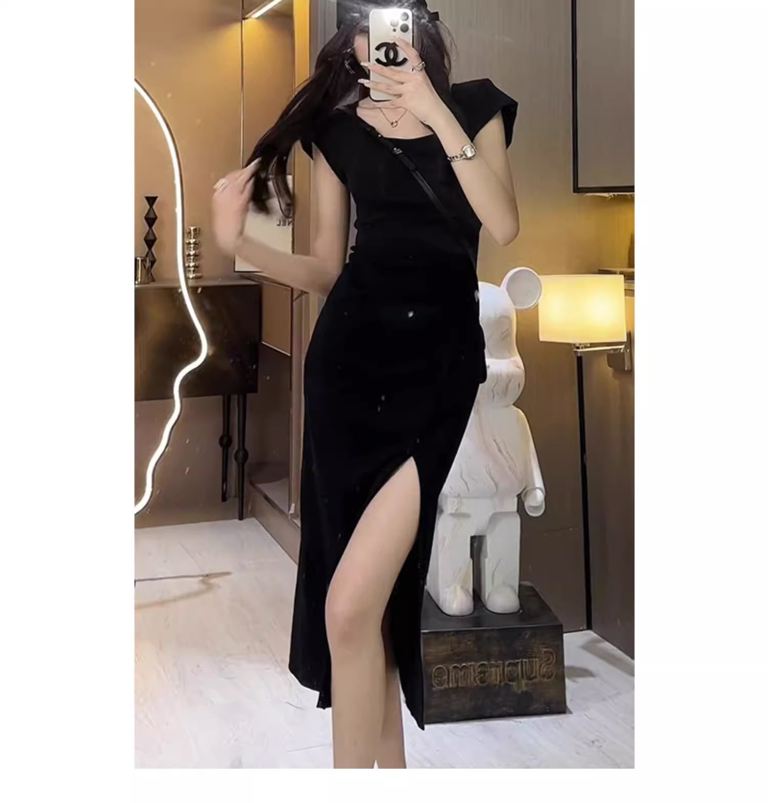 French high-end design niche waist dress for women 2024 new short-sleeved slit slim fit long skirt