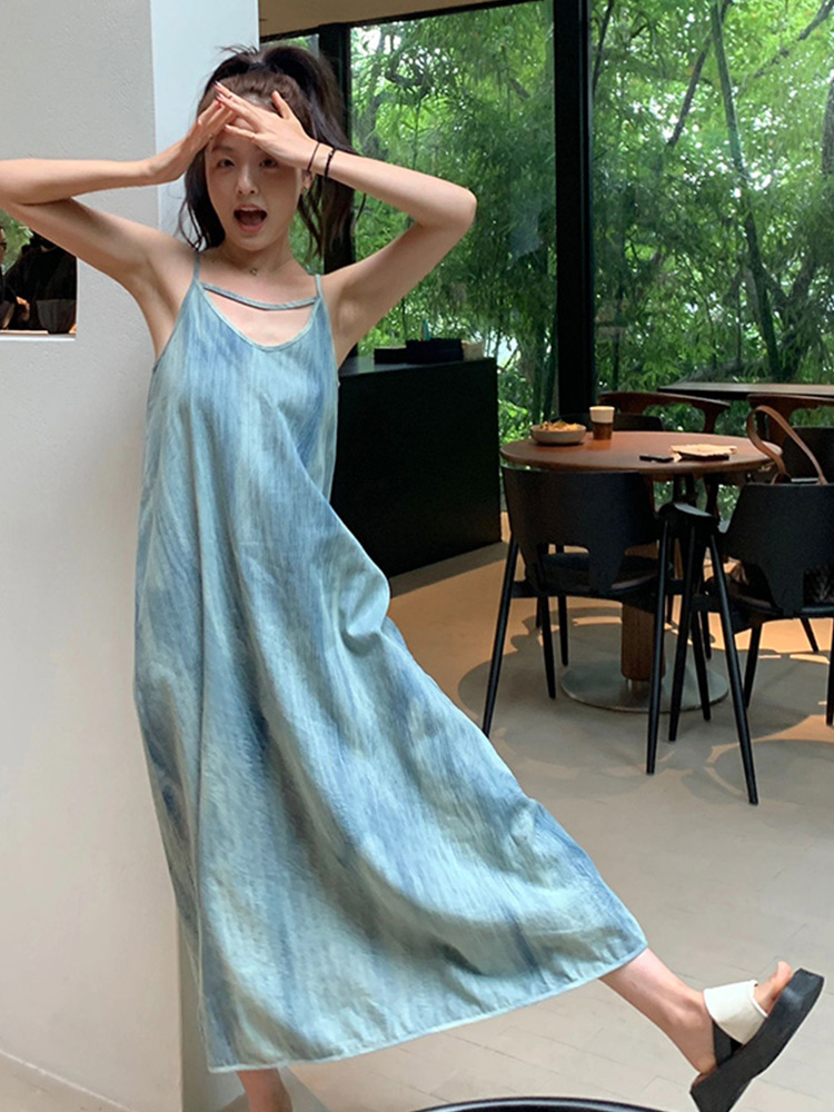 Lazy style commuting loose suspender dress women's Korean fashion tie-dye contrasting design casual skirt trendy