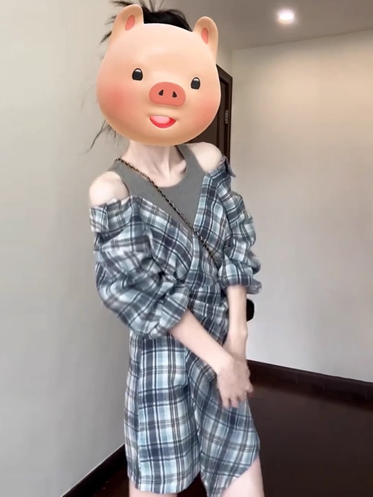 蓝色假两件套装衬衫连衣裙子早初秋季韩系小个子穿搭2024年新款女