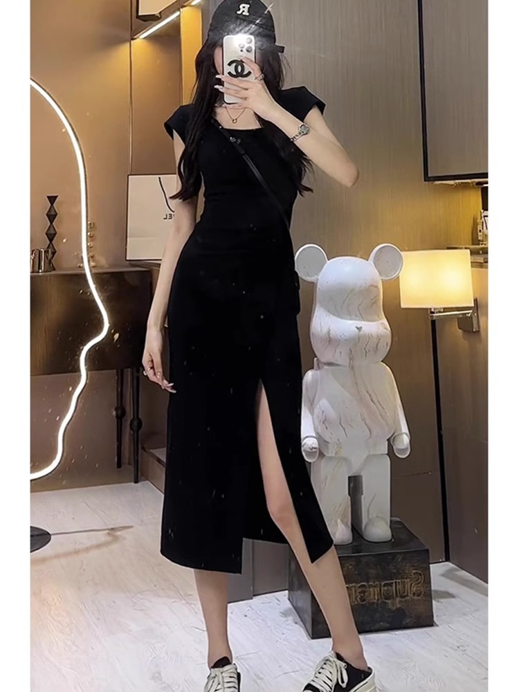 French high-end design niche waist dress for women 2024 new short-sleeved slit slim fit long skirt