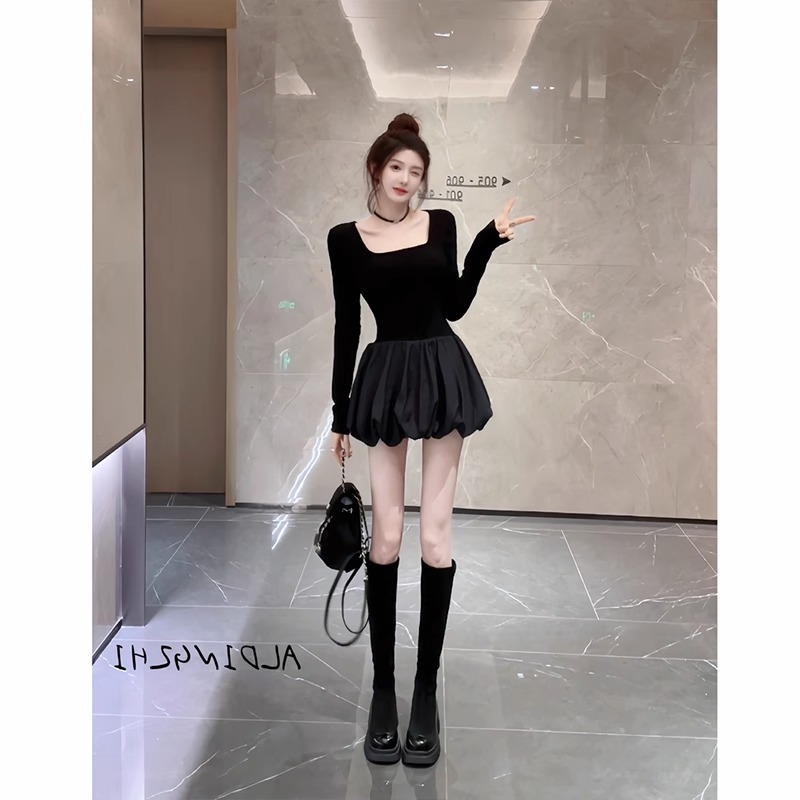 Black sexy slim dress with waist French square neck back mesh bottoming bud skirt women's long-sleeved short skirt