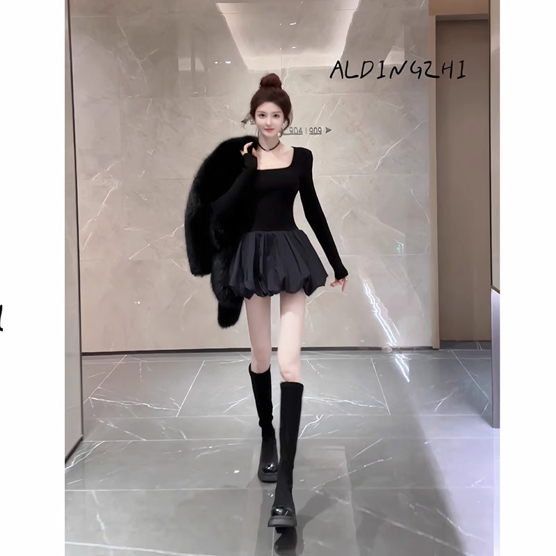 Black sexy slim dress with waist French square neck back mesh bottoming bud skirt women's long-sleeved short skirt