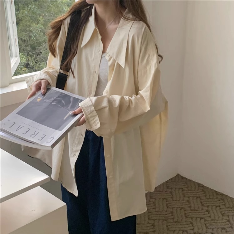 Hong Kong style fat mm early autumn retro shirt for women  lazy style simple Korean style loose outer long-sleeved shirt