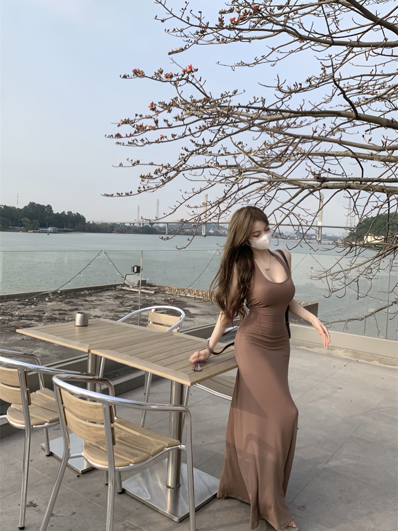 Brown backless halterneck dress for women summer new waist slim skirt temperament slim casual hip-covering long skirt