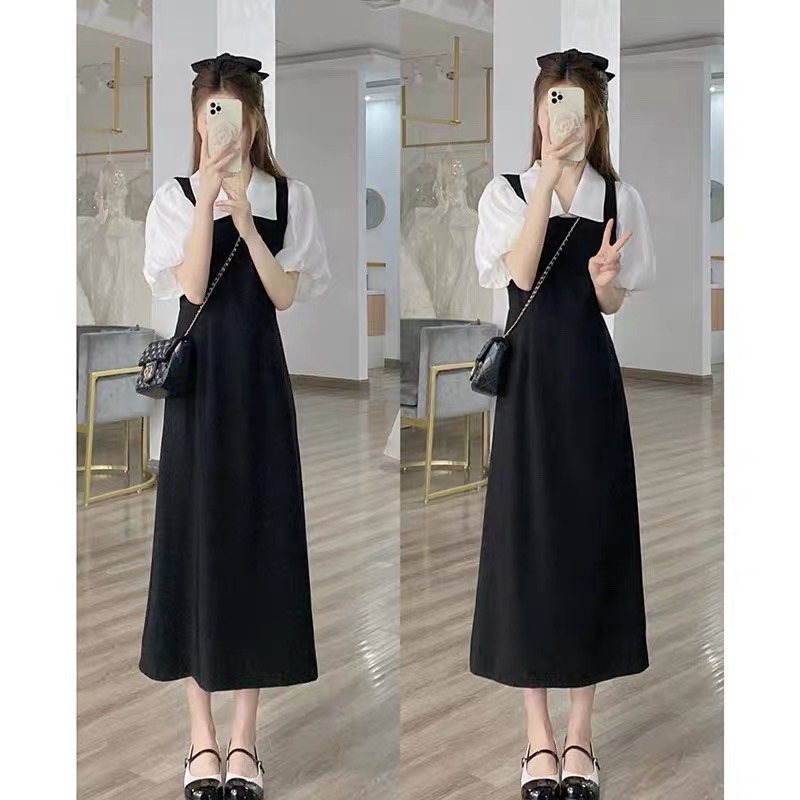 College style suspender dress for women spring new mid-length waist slimming student age-reducing outer skirt