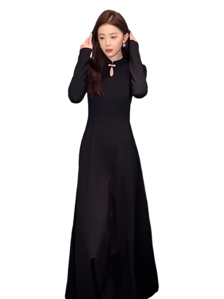 New Chinese style black dress for women in early autumn 2024 new style early spring wear long skirt cheongsam high-end