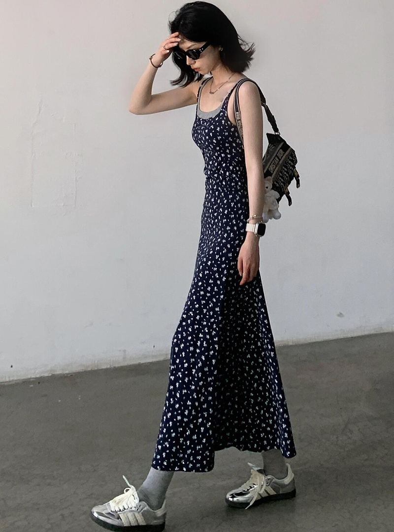 National fashion brand floral fake two-piece suspender dress for women summer mid-length design chic casual versatile long dress