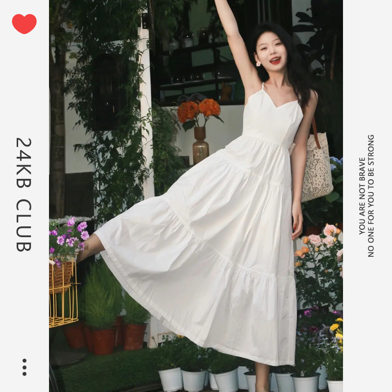 2024 new summer style French V-neck white suspender dress for women with waist design and niche temperament small skirt