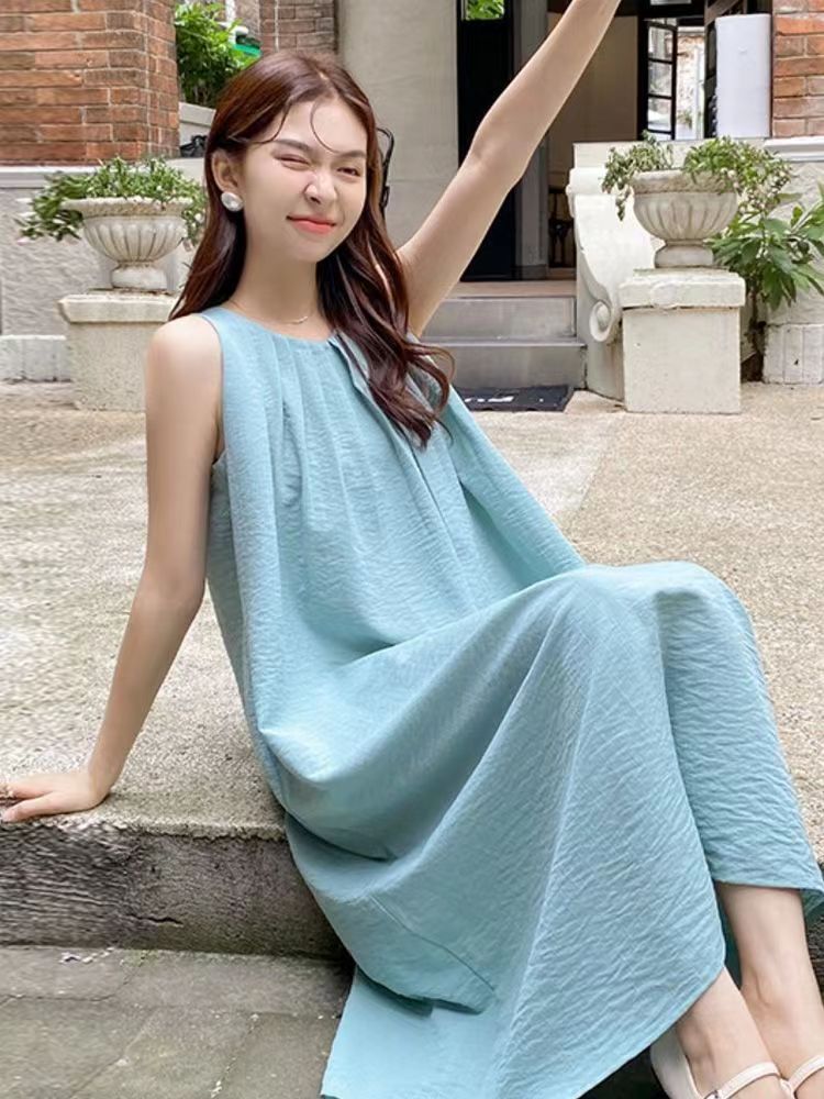 Niche sleeveless vest dress for women summer French loose flesh-covering seaside vacation dress long skirt 3333