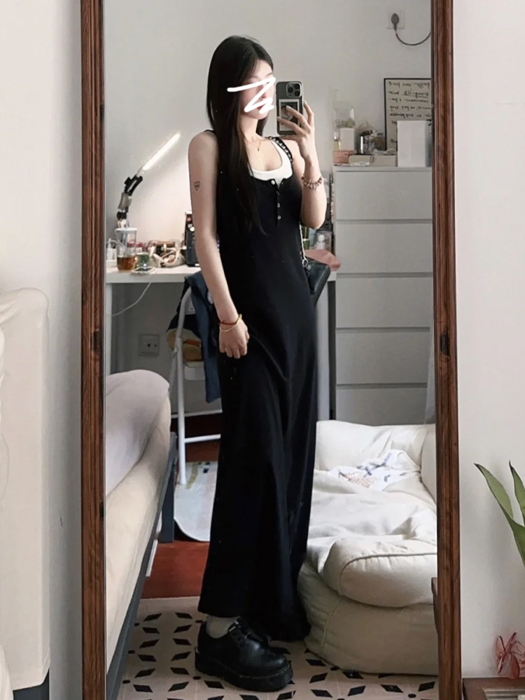 Korean style black vest suspender dress for women summer 2024 new style high-end temperament waist-covering hip long skirt