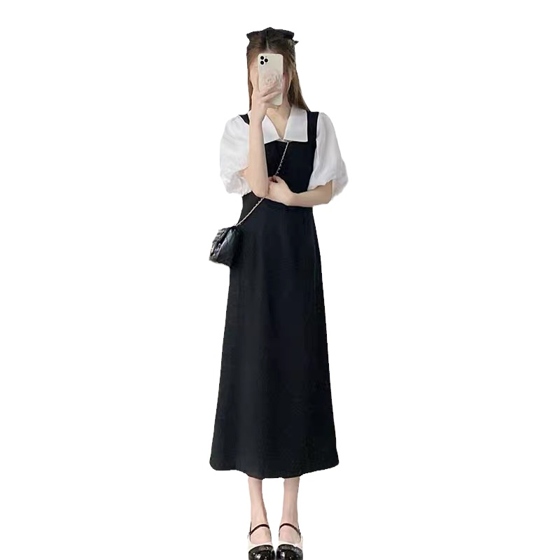 College style suspender dress for women spring new mid-length waist slimming student age-reducing outer skirt