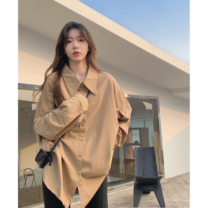 Hong Kong style fat mm early autumn retro shirt for women  lazy style simple Korean style loose outer long-sleeved shirt