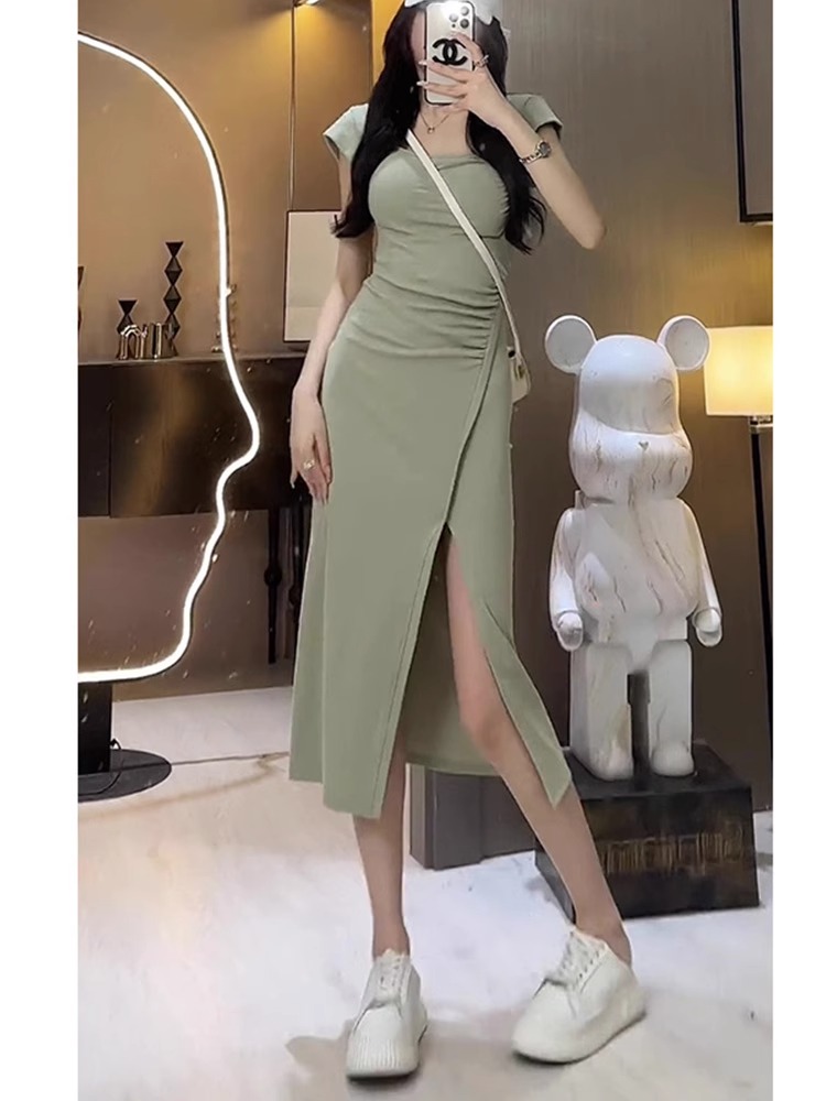 French high-end design niche waist dress for women 2024 new short-sleeved slit slim fit long skirt