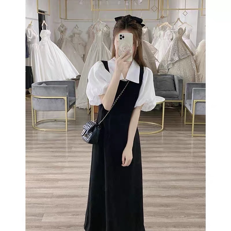 College style suspender dress for women spring new mid-length waist slimming student age-reducing outer skirt