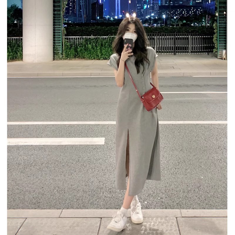 2024 new slimming niche design gray casual t-shirt dress summer women's slit long skirt