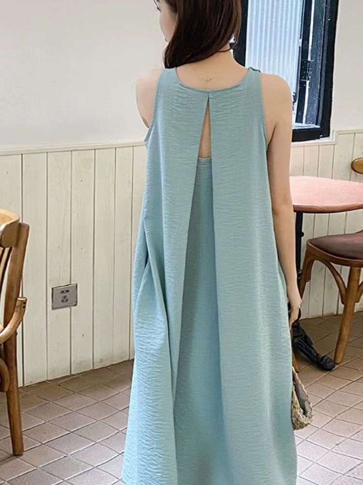 Niche sleeveless vest dress for women summer French loose flesh-covering seaside vacation dress long skirt 3333