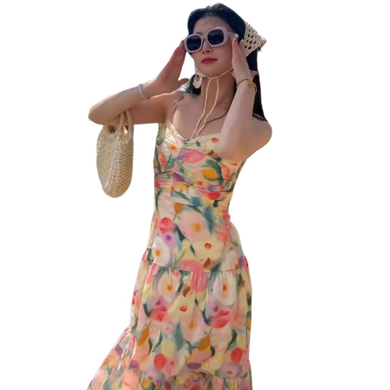 Tea break French oil painting floral suspender dress women's summer 2024 new seaside vacation beach long dress