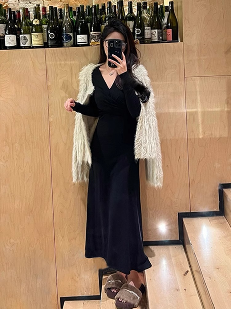 French high-end long-sleeved dress for women, early autumn 2024 new style, beautiful temperament, super good-looking waist long dress