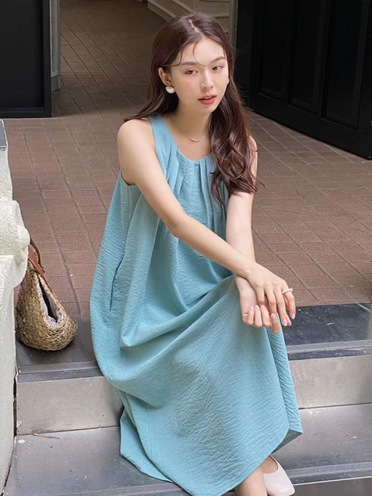 Niche sleeveless vest dress for women summer French loose flesh-covering seaside vacation dress long skirt 3333