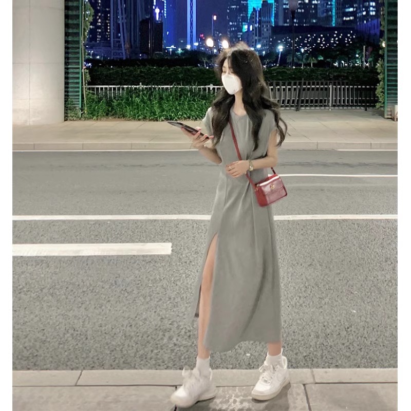 2024 new slimming niche design gray casual t-shirt dress summer women's slit long skirt