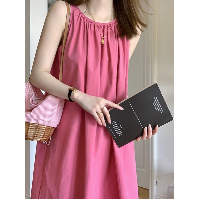 Raspberry color sleeveless dress women's summer new high-end French style white vest long skirt