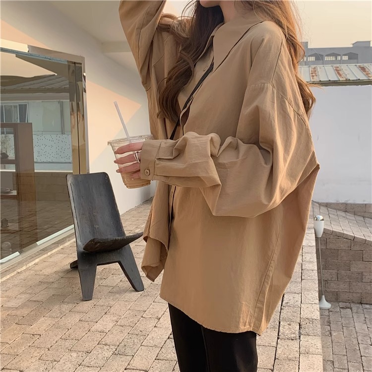 Hong Kong style fat mm early autumn retro shirt for women  lazy style simple Korean style loose outer long-sleeved shirt