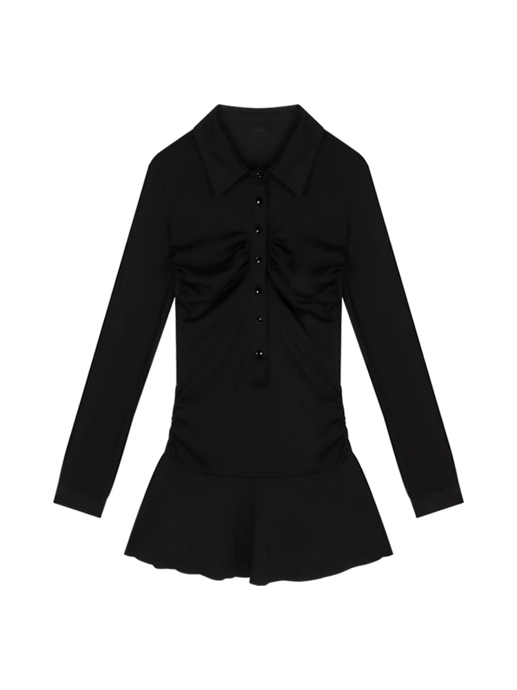 Black pleated polo collar long-sleeved dress for women summer slim design short skirt temperament waist a-line skirt