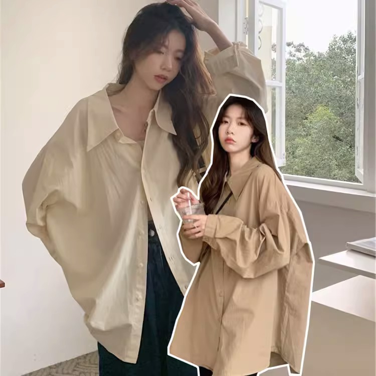 Hong Kong style fat mm early autumn retro shirt for women  lazy style simple Korean style loose outer long-sleeved shirt