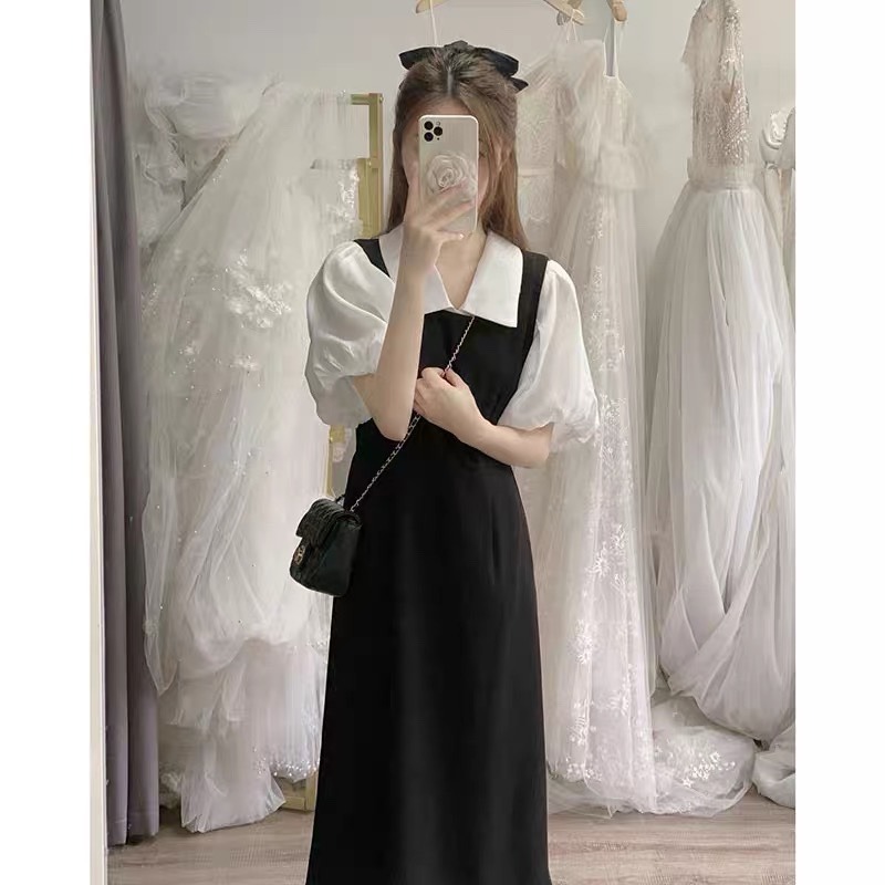 College style suspender dress for women spring new mid-length waist slimming student age-reducing outer skirt