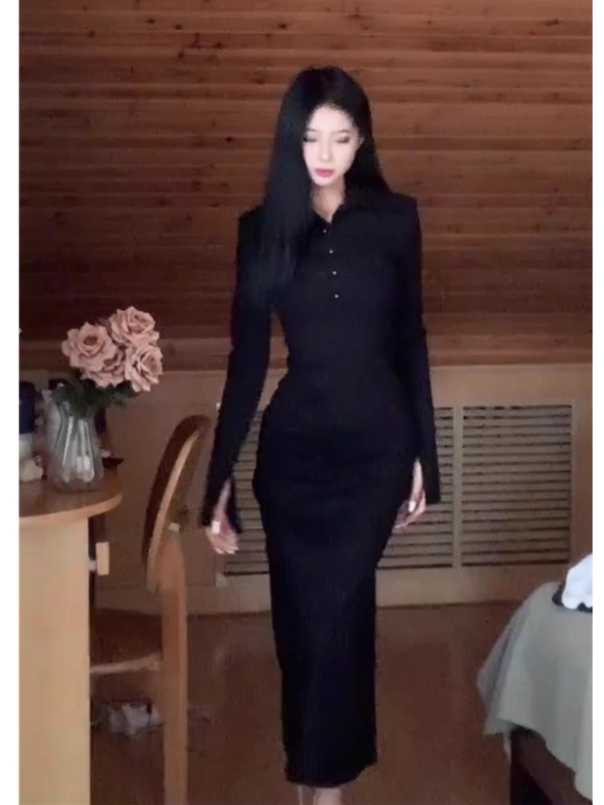 French-style black long-sleeved shirt dress for women, high-end, slim-fitting, hip-covering long skirt