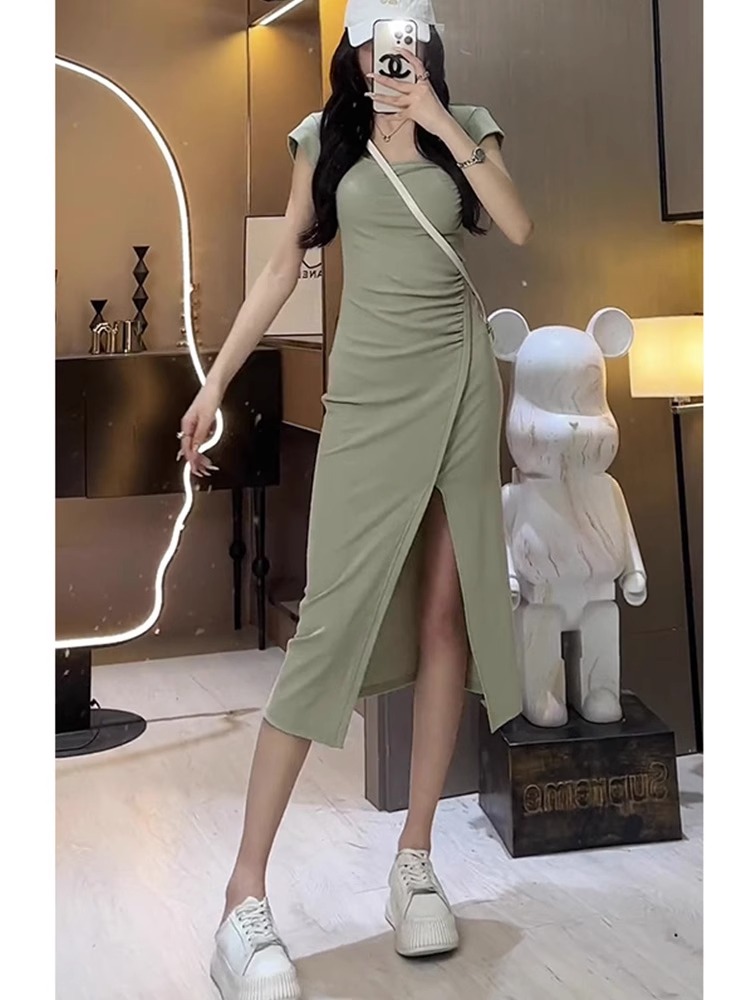 French high-end design niche waist dress for women 2024 new short-sleeved slit slim fit long skirt