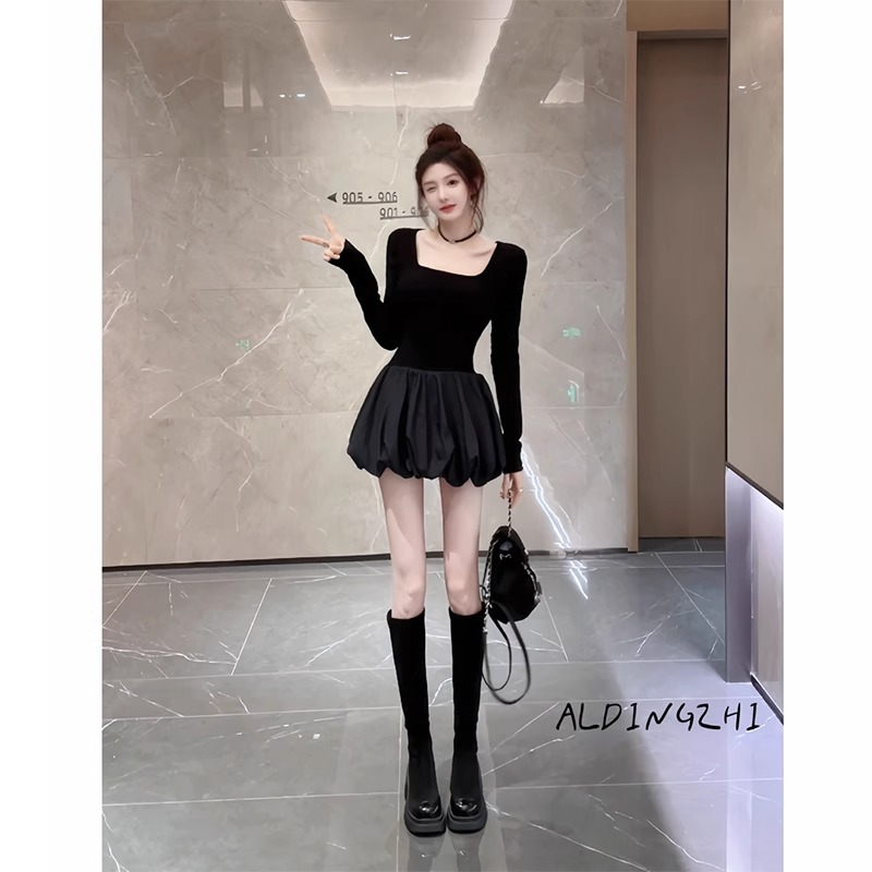 Black sexy slim dress with waist French square neck back mesh bottoming bud skirt women's long-sleeved short skirt