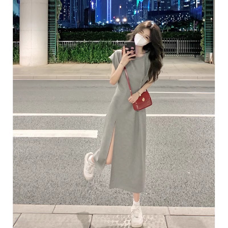 2024 new slimming niche design gray casual t-shirt dress summer women's slit long skirt