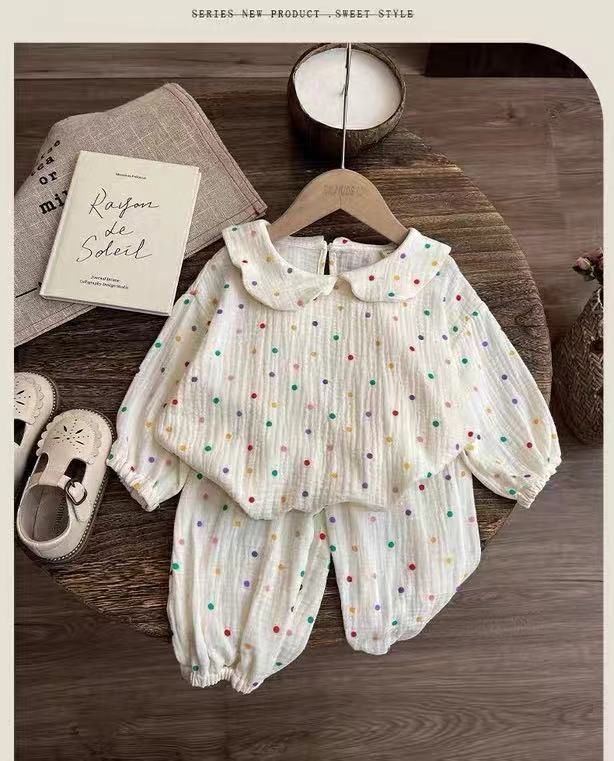 Girls' pajamas spring and summer cotton gauze children's home clothes gauze children's long-sleeved baby girl summer thin summer style