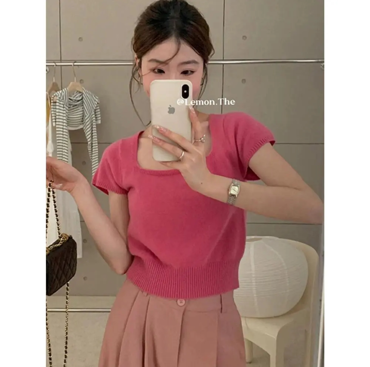 Official photo # Core-spun yarn, high-end, simple, casual, square-neck short-sleeved knitted sweater for women, slimming top