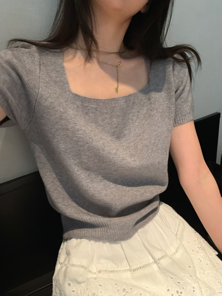 Official photo # Core-spun yarn, high-end, simple, casual, square-neck short-sleeved knitted sweater for women, slimming top